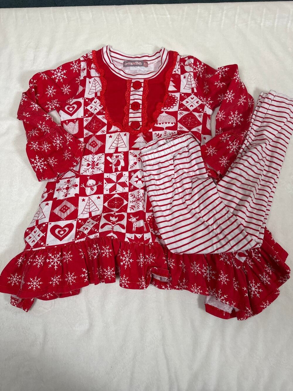 Jelly the Pug Girls Christmas Outfit Set Size 6 Red White Holiday Dress Leggings